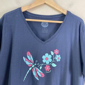 Life Is Good Womens Plus XXL Crusher Tee Dragonfly Floral Blue T Shirt Top